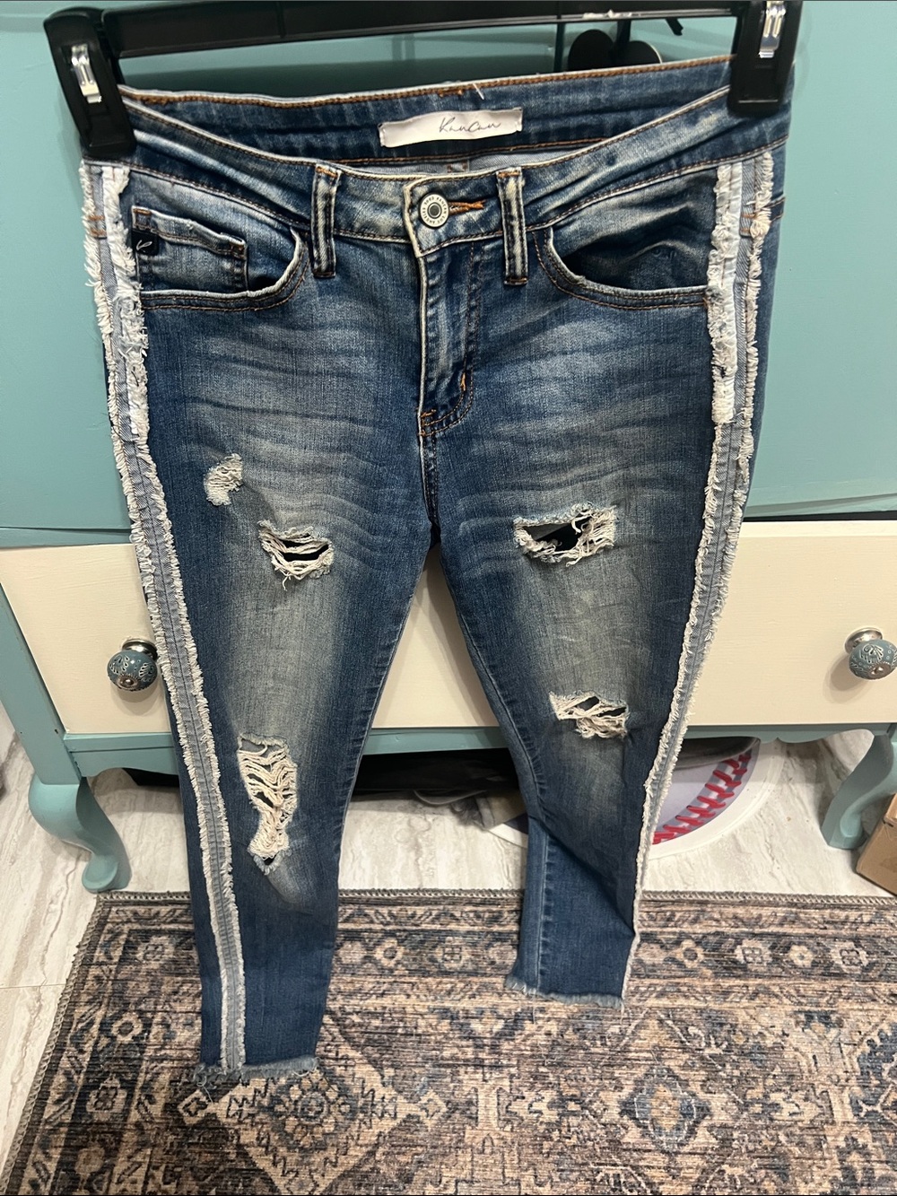 KanCan Distressed Skinny Jeans with Frayed Side Stripe in Blue